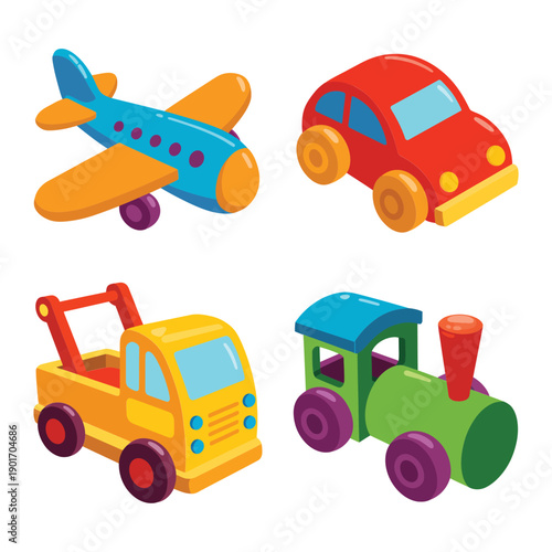 Kids transport toy icons with airplane, red car, construction truck and train, preschool learning clipart for poster, playroom decor design