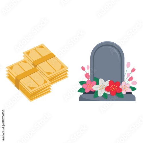 Spirit money bundles and gravestone with flowers, ancestor offering vector icons for memorial service, remembrance prayer, tomb sweeping tradition design