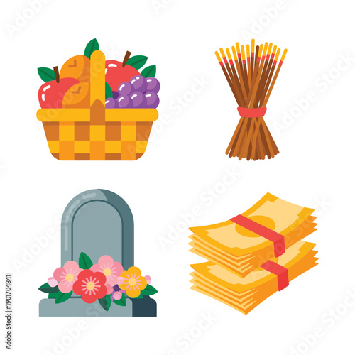 Gravestone with flower garland, fruit basket offering, folded joss paper stacks, incense sheaf, ancestor remembrance icons for cemetery visit design