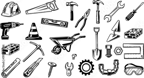 Construction and Handyman Tools Set Black and White Line Art Vector Illustration. Essential Building, Renovation  Repair Equipment Collection.