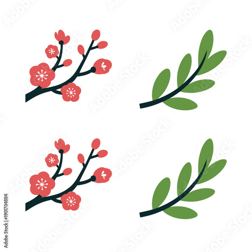 Cherry blossom branches and green leaf sprigs, floral remembrance icons for tomb sweeping, ancestor festival banner, poster, cemetery decoration design