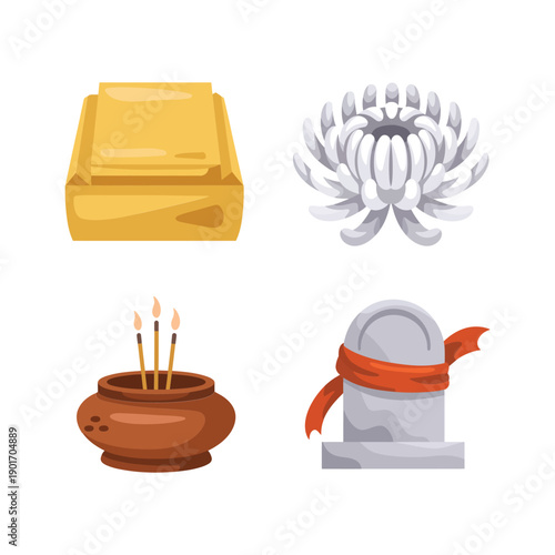 Ancestor offering set with gold ingot, chrysanthemum, incense burner, ribboned grave marker, memorial ritual icons for remembrance ceremony