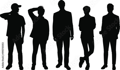 Silhouette of professional men standing in row wearing business casual suits and fashion clothing isolated on white background for teamwork
