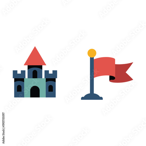 Tournament day icons, fortress castle, checkpoint flags, battle arena signage, kids carnival session graphics, adventure game night poster vector