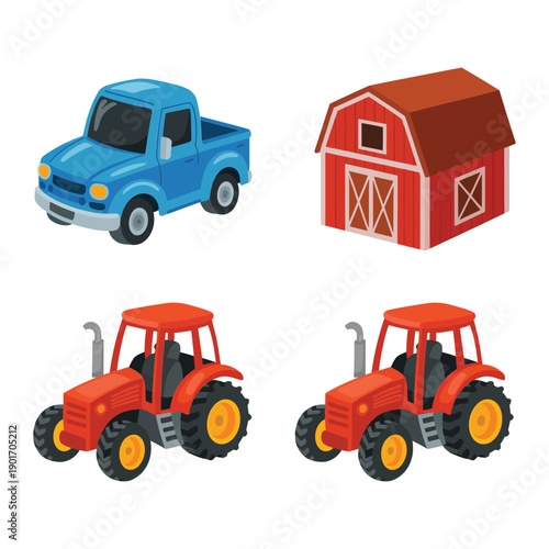Agriculture transport vector set featuring barn, blue pickup truck and two tractors, useful for country fair graphics, rural education materials