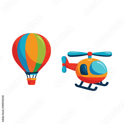 Hot air balloon and helicopter vector icons, colorful travel and adventure theme for tourism poster, kids camp, summer festival