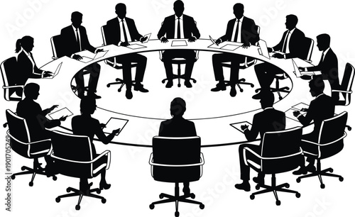 Corporate board meeting silhouette illustration, executive team discussion around round table, professional business leadership and strategy concept