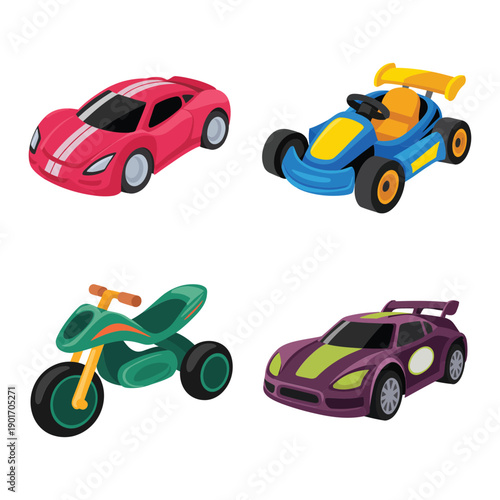 Racing vehicle vector icons featuring red supercar, blue convertible, green motorcycle and coupe, ideal for motorsport flyers, kids activity pages
