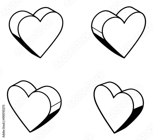 Line art 3D heart set featuring outlined volumetric shapes for love and romance designs