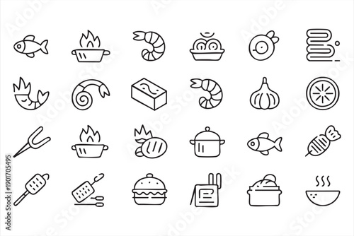 Kitchen Utensil and Meal Outline Icons Set