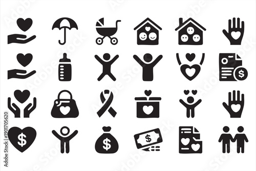 Charity Fundraising and Family Care Solid Icons Collection