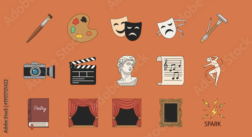 A vibrant collection of artistic icons representing various forms of creative expression, including painting, theater, music, and literature, set against a warm orange background.