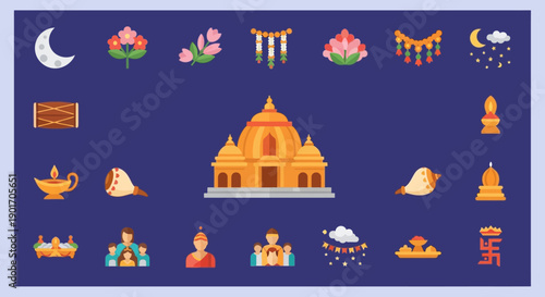Collection of Hindu religious symbols and cultural elements, including a temple, deities, musical instruments, and celestial bodies, arranged on a blue background.