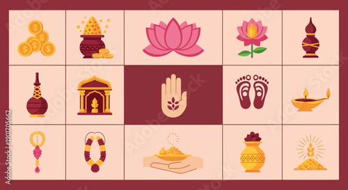 A collection of Hindu religious and cultural symbols arranged in a grid, featuring coins, pots, lotuses, lamps, and hands.