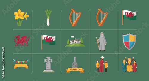 A collection of Welsh cultural symbols and icons displayed in a grid on a green background.