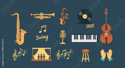 A vibrant collection of jazz music instruments and symbols, including a saxophone, trumpet, piano, double bass, vinyl record, microphone, musical notes, and stage performers.