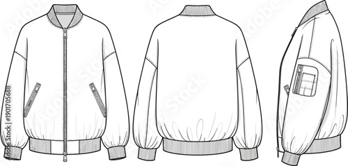 Bomber jacket technical fashion illustration, front back side views vector template, zipper pocket rib collar apparel garment outline design