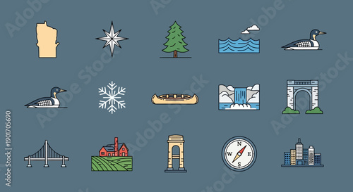 A collection of flat design icons representing various aspects of Minnesota's natural beauty, culture, and landmarks.