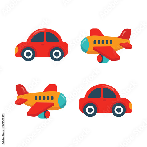 Cartoon car and airplane icons set, travel transport graphics for kids activity sheet, preschool matching game, birthday party invitation design
