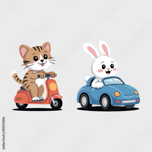 Funny kitten and bunny driving small cars, animal racing clipart for kids birthday poster, nursery wall art, playroom decoration design
