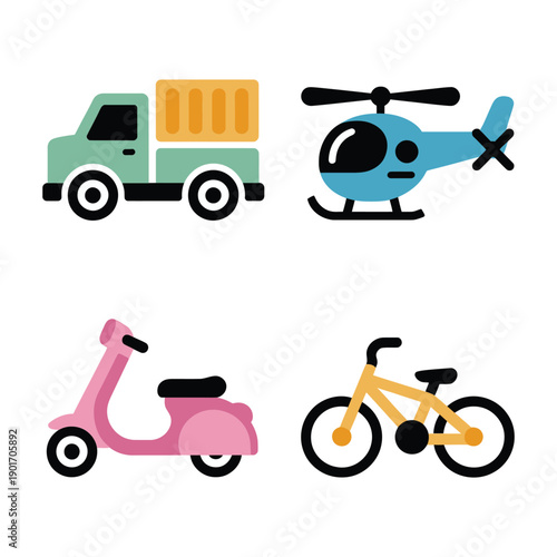 Urban mobility icons set with scooter, bicycle, helicopter, dump truck, traffic safety week poster, road rules workshop session schedule