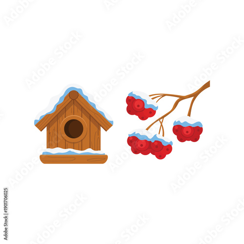 Minimal winter birdhouse with berries, seasonal postcard graphic, backyard birds week banner, feeder care session, neighborhood nature walk event