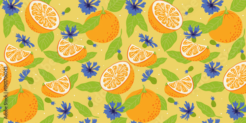 Oranges. Seamless pattern with fresh oranges, green leaves, and cornflowers. Modern, minimalist retro illustration.