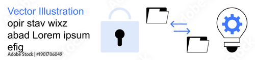 Cybersecurity, innovation, file sharing, secure data, encryption, digital solutions. Lock and folders with arrows and a gear lightbulb. Cybersecurity and innovation visualization