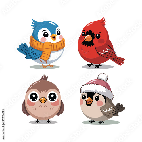 Festive birds in scarves, cozy Christmas season icons for greeting cards, school winter fair branding, classroom craft session clipart
