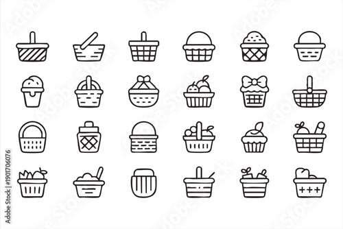 Basket Line Icons for Picnic, Shopping and Grocery Design