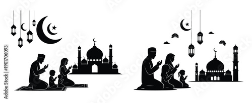 Muslim family praying together on prayer mats in front of mosque with crescent moon, stars, and lanterns in black silhouette style. Concept of worship, faith, spiritual unity, and religious 