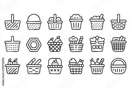 Picnic and Shopping Basket Outline Icons Set