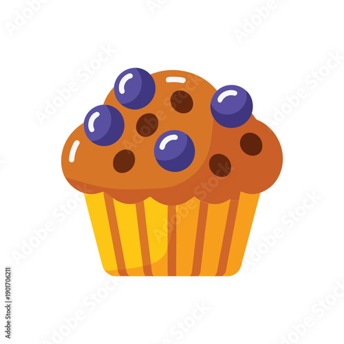 Blueberry muffin cupcake illustration with golden wrapper and glossy berries, delicious bakery dessert icon for cafe menu, breakfast, brunch design