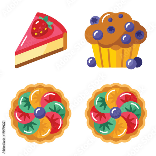 Assorted dessert icons with strawberry cheesecake slice, blueberry muffin and sprinkled donuts, colorful bakery clipart for pastry shop, birthday party