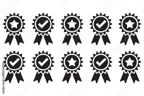 Quality Certification Award Rosette Icons with Star and Checkmark