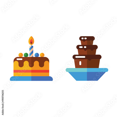 Birthday cake with candle and flowing chocolate fountain illustration, celebration dessert icons for party flyer, confectionery branding, buffet signage