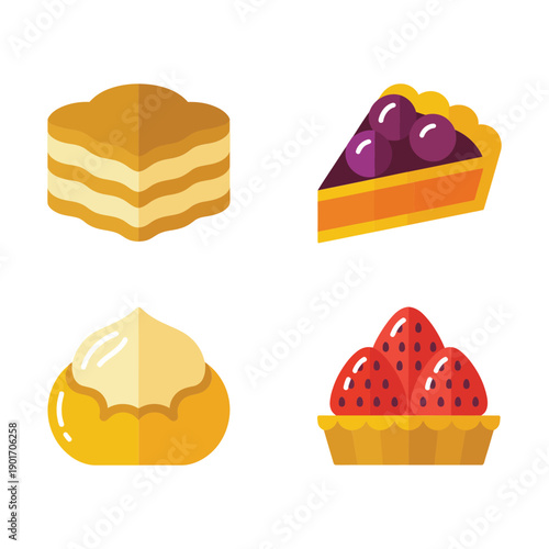 Assorted pastry icons including honey layer cake slice, blueberry pie, custard puff and strawberry tart, bakery menu, cafe illustration