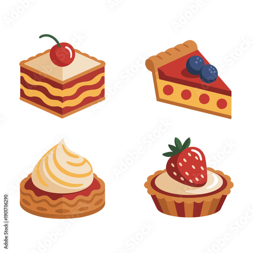 Classic patisserie icons featuring layered cakes with cherry, lemon tart and strawberry tartlet, dessert clipart for cafe poster, bakery branding