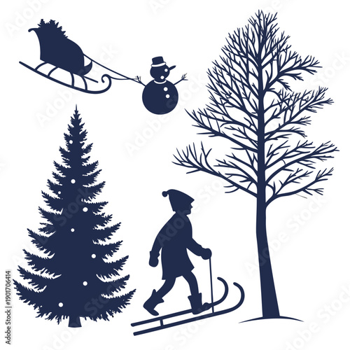 A serene winter scene with a skier, a sledder, and two tall pine trees