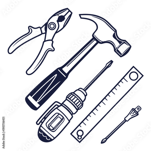 A variety of tools including pliers, hammer, screwdriver, tape measure, and awl.