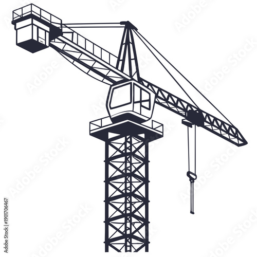 A tower crane with a long boom and a hook suspended from its end.