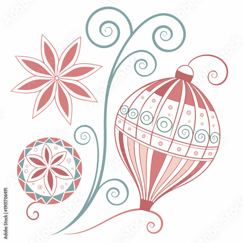 A whimsical illustration of a hot air balloon with floral and star motifs