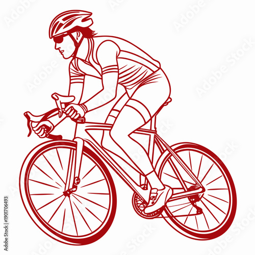 A detailed line drawing of a cyclist in motion on a racing bicycle