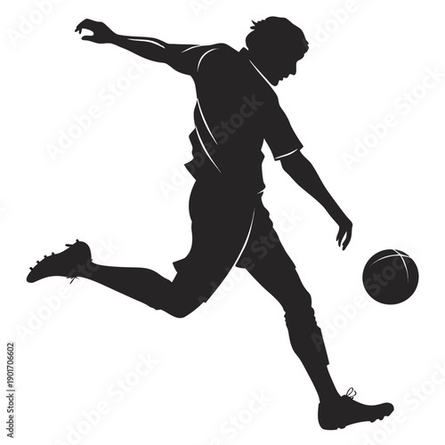 A silhouette of a soccer player in action, kicking a ball.