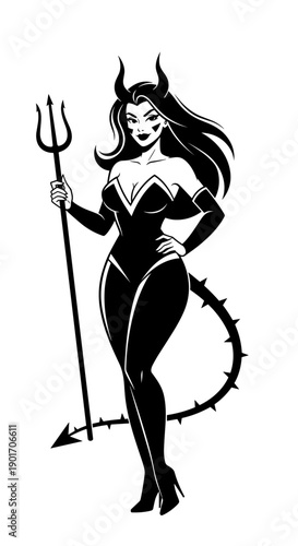 Fierce Devil Woman Character with Pitchfork and Horns Black Silhouette Illustration