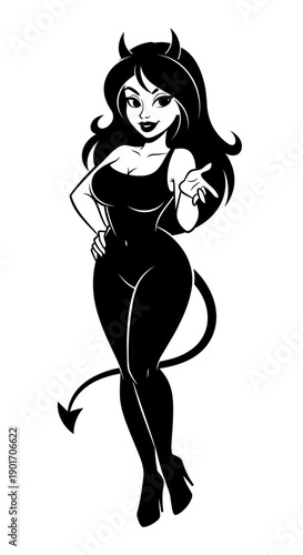 Playful Devil Woman Character with Horns and Tail Black Silhouette Illustration