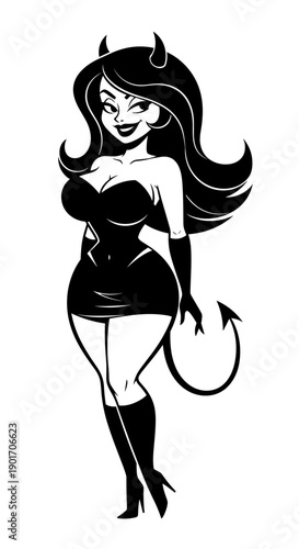 Confident Devil Woman Character with Horns and Tail Black Silhouette Illustration