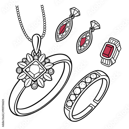 An assortment of elegant jewelry pieces featuring red gemstones and intricate designs