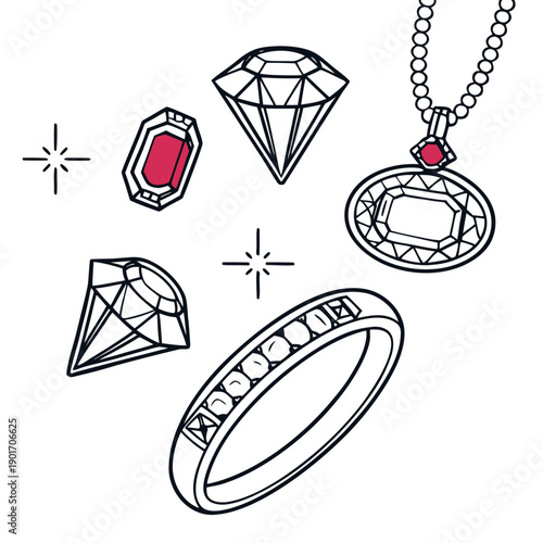 A collection of various jewelry pieces including rings, pendants, and earrings