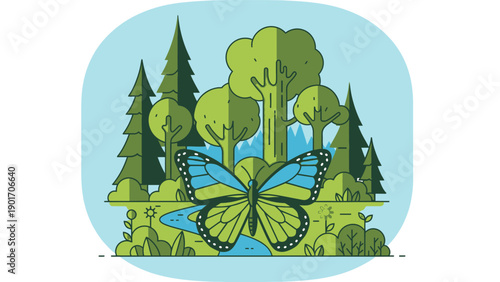 Blue Butterfly with Green Wings on Flowers.